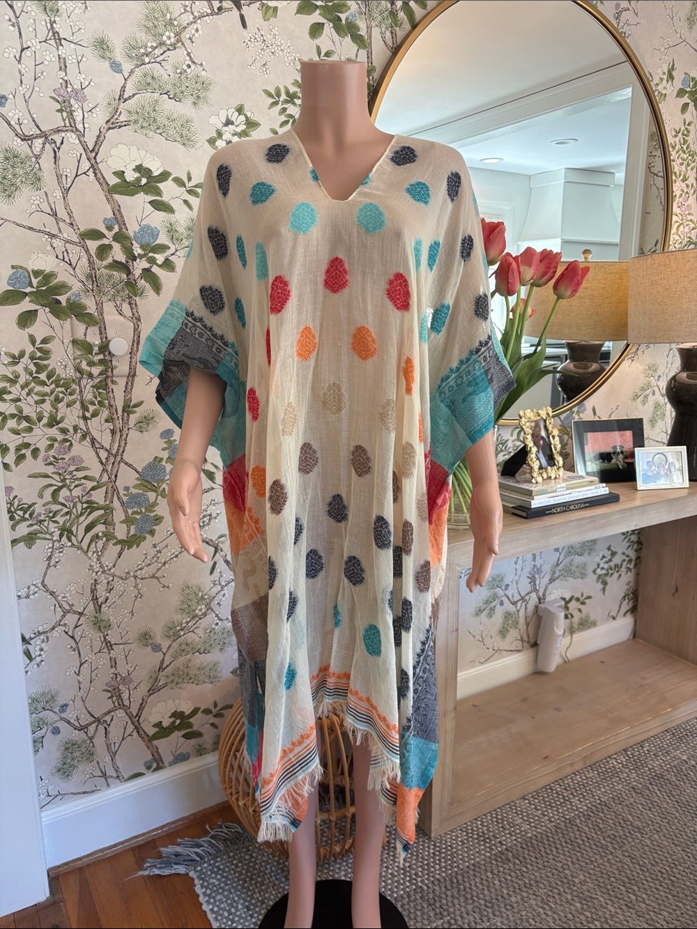 Cream Polka Dot V-Neck Beach Kaftan Coverup with Turquoise Trim